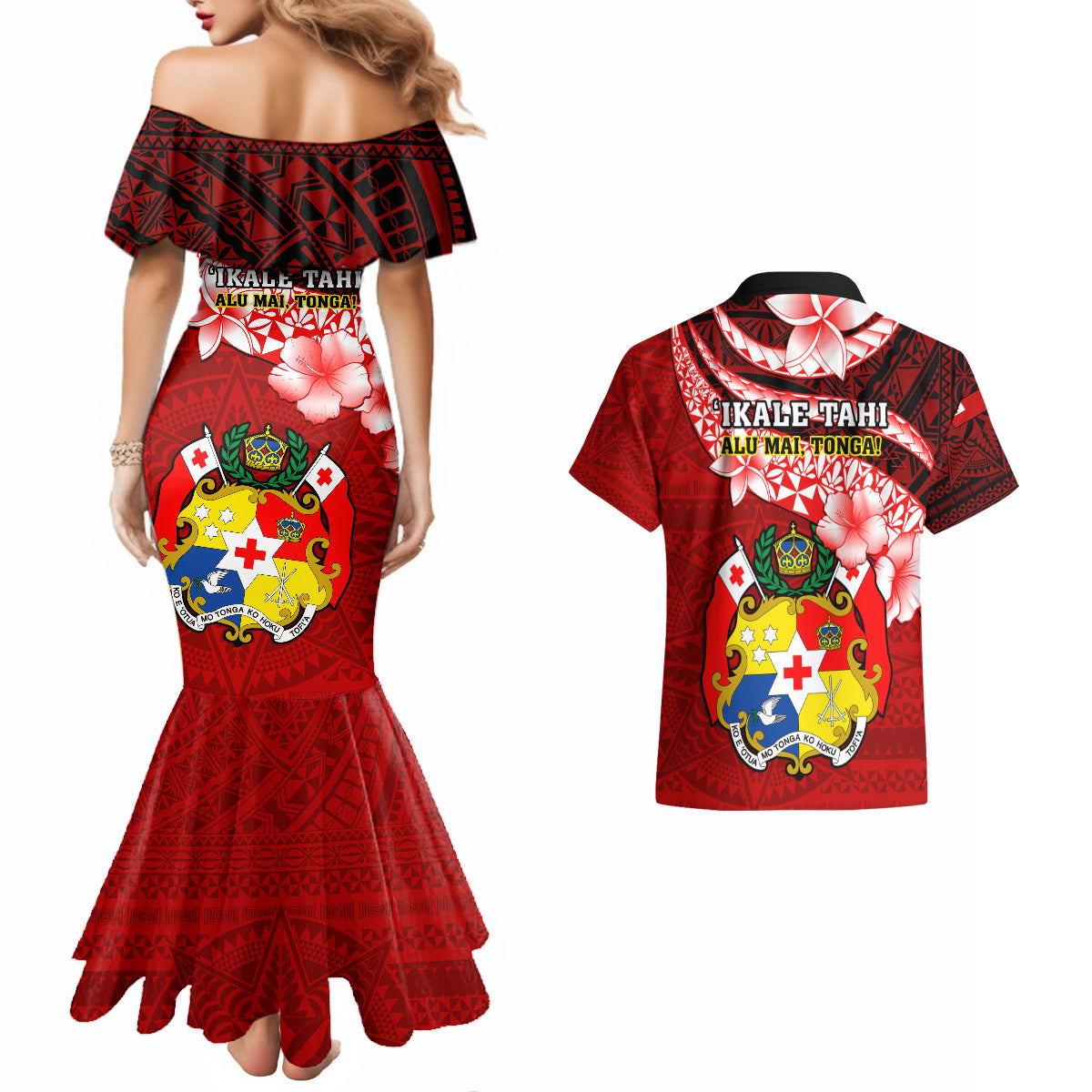 Tonga Rugby Couples Matching Mermaid Dress and Hawaiian Shirt Ikale Tahi Tongan Ngatu Pattern With Dabbing Ball - Wonder Print Shop