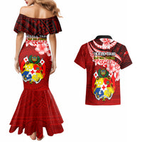 Tonga Rugby Couples Matching Mermaid Dress and Hawaiian Shirt Ikale Tahi Tongan Ngatu Pattern With Dabbing Ball - Wonder Print Shop