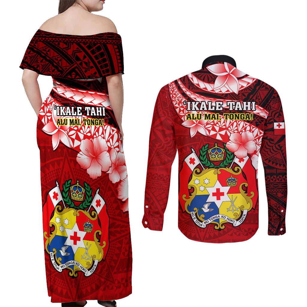 Tonga Rugby Couples Matching Off Shoulder Maxi Dress and Long Sleeve Button Shirts Ikale Tahi Tongan Ngatu Pattern With Dabbing Ball - Wonder Print Shop