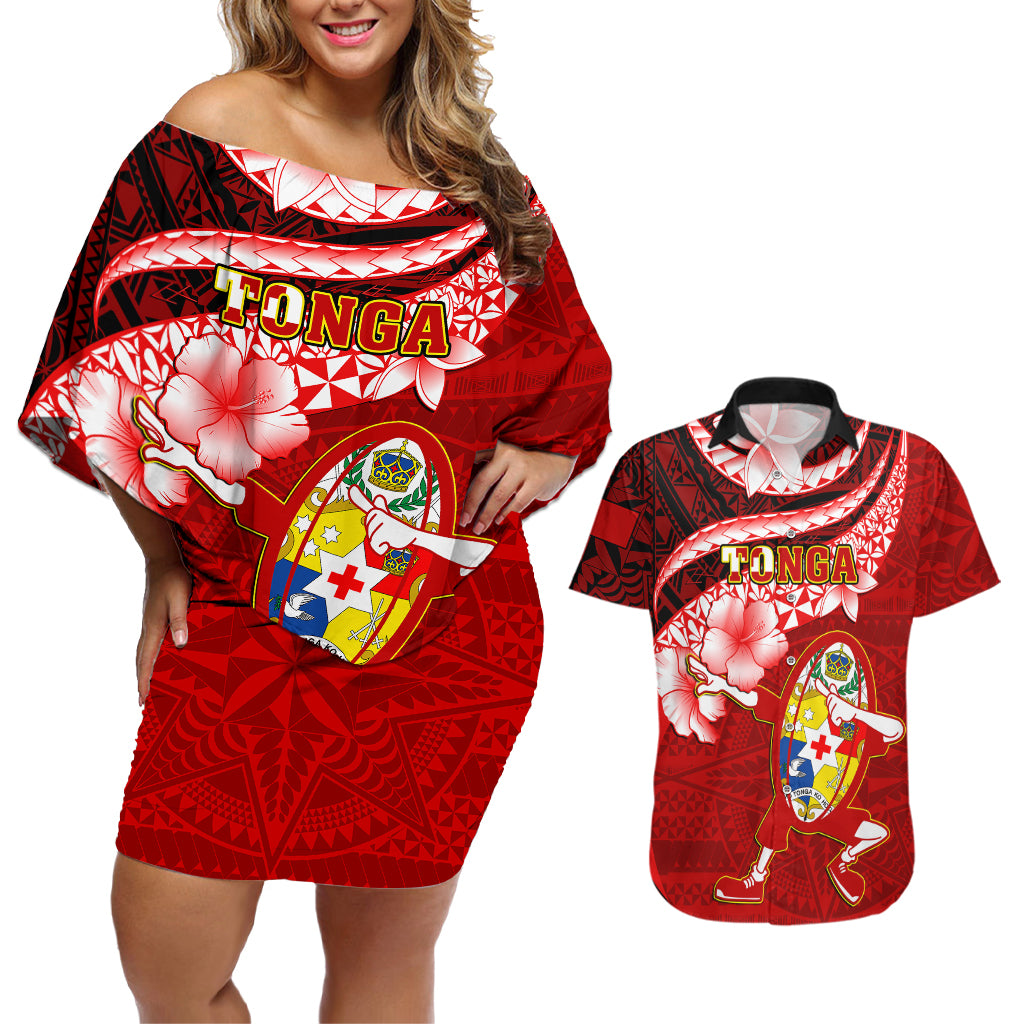 Tonga Rugby Couples Matching Off Shoulder Short Dress and Hawaiian Shirt Ikale Tahi Tongan Ngatu Pattern With Dabbing Ball - Wonder Print Shop
