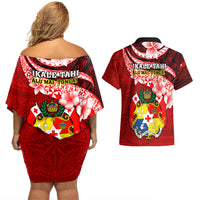Tonga Rugby Couples Matching Off Shoulder Short Dress and Hawaiian Shirt Ikale Tahi Tongan Ngatu Pattern With Dabbing Ball - Wonder Print Shop
