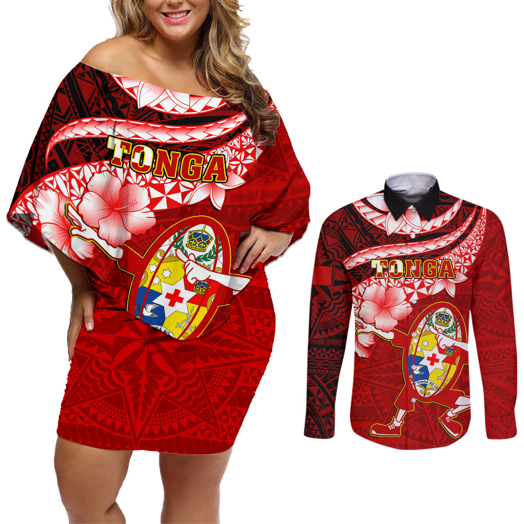 Tonga Rugby Couples Matching Off Shoulder Short Dress and Long Sleeve Button Shirts Ikale Tahi Tongan Ngatu Pattern With Dabbing Ball - Wonder Print Shop