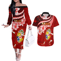 Tonga Rugby Couples Matching Off The Shoulder Long Sleeve Dress and Hawaiian Shirt Ikale Tahi Tongan Ngatu Pattern With Dabbing Ball - Wonder Print Shop