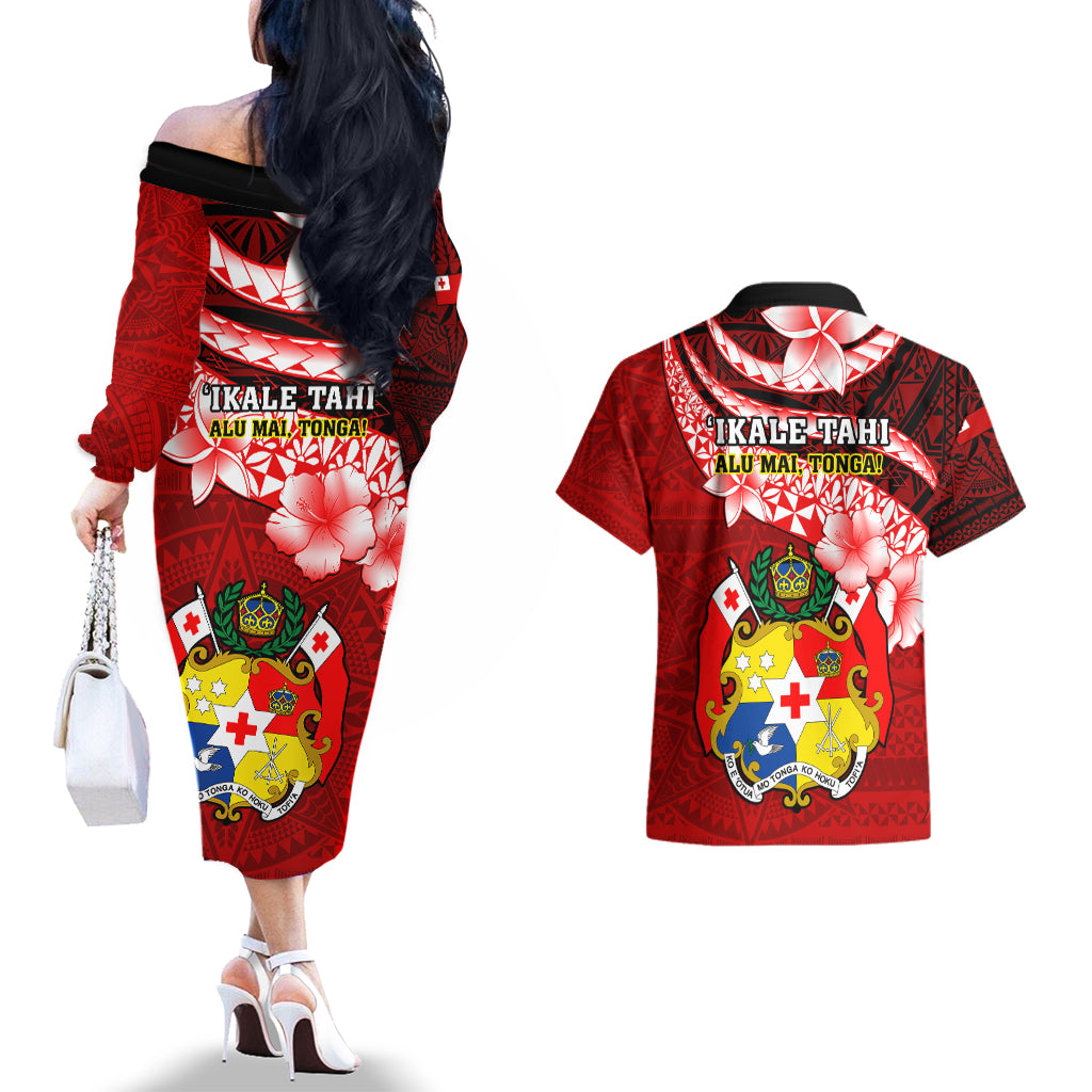Tonga Rugby Couples Matching Off The Shoulder Long Sleeve Dress and Hawaiian Shirt Ikale Tahi Tongan Ngatu Pattern With Dabbing Ball - Wonder Print Shop