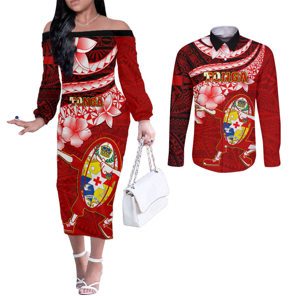 tonga-rugby-couples-matching-off-the-shoulder-long-sleeve-dress-and-long-sleeve-button-shirts-ikale-tahi-tongan-ngatu-pattern-with-dabbing-ball