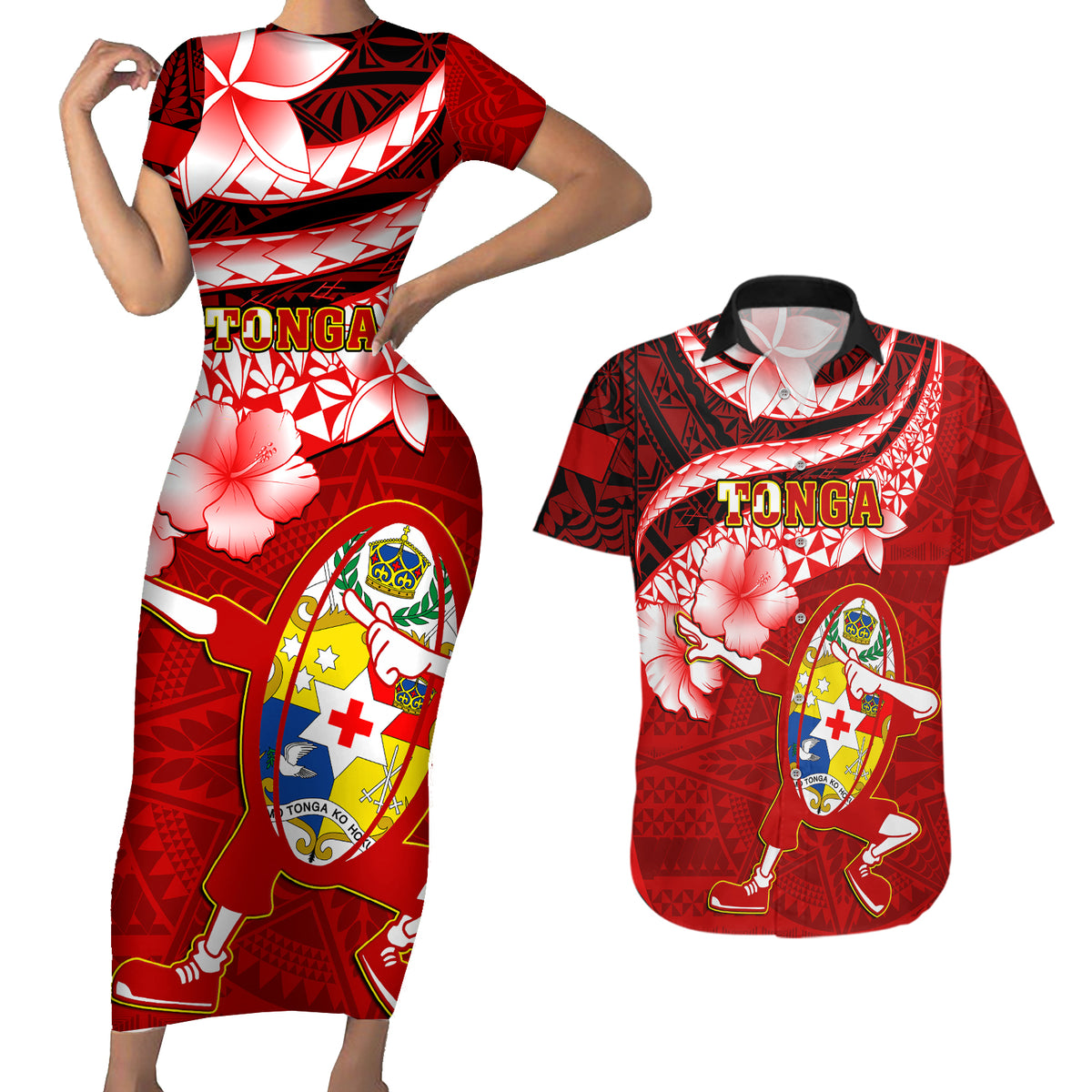 Tonga Rugby Couples Matching Short Sleeve Bodycon Dress and Hawaiian Shirt Ikale Tahi Tongan Ngatu Pattern With Dabbing Ball - Wonder Print Shop