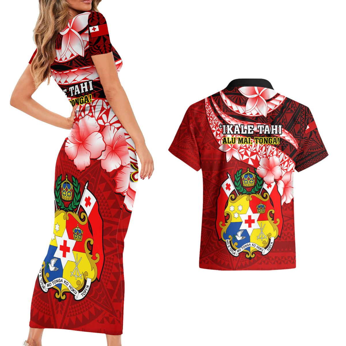 Tonga Rugby Couples Matching Short Sleeve Bodycon Dress and Hawaiian Shirt Ikale Tahi Tongan Ngatu Pattern With Dabbing Ball - Wonder Print Shop