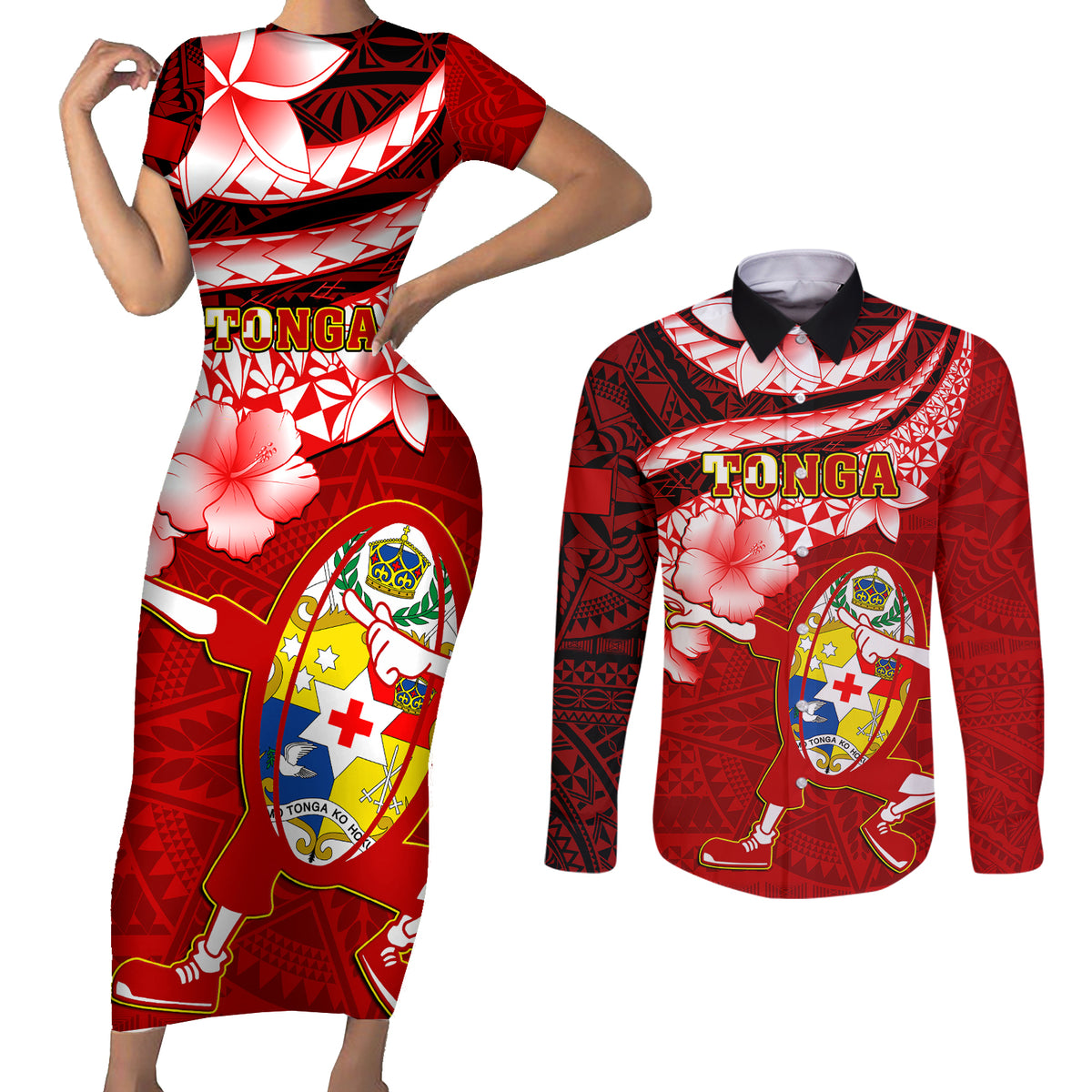 Tonga Rugby Couples Matching Short Sleeve Bodycon Dress and Long Sleeve Button Shirts Ikale Tahi Tongan Ngatu Pattern With Dabbing Ball - Wonder Print Shop