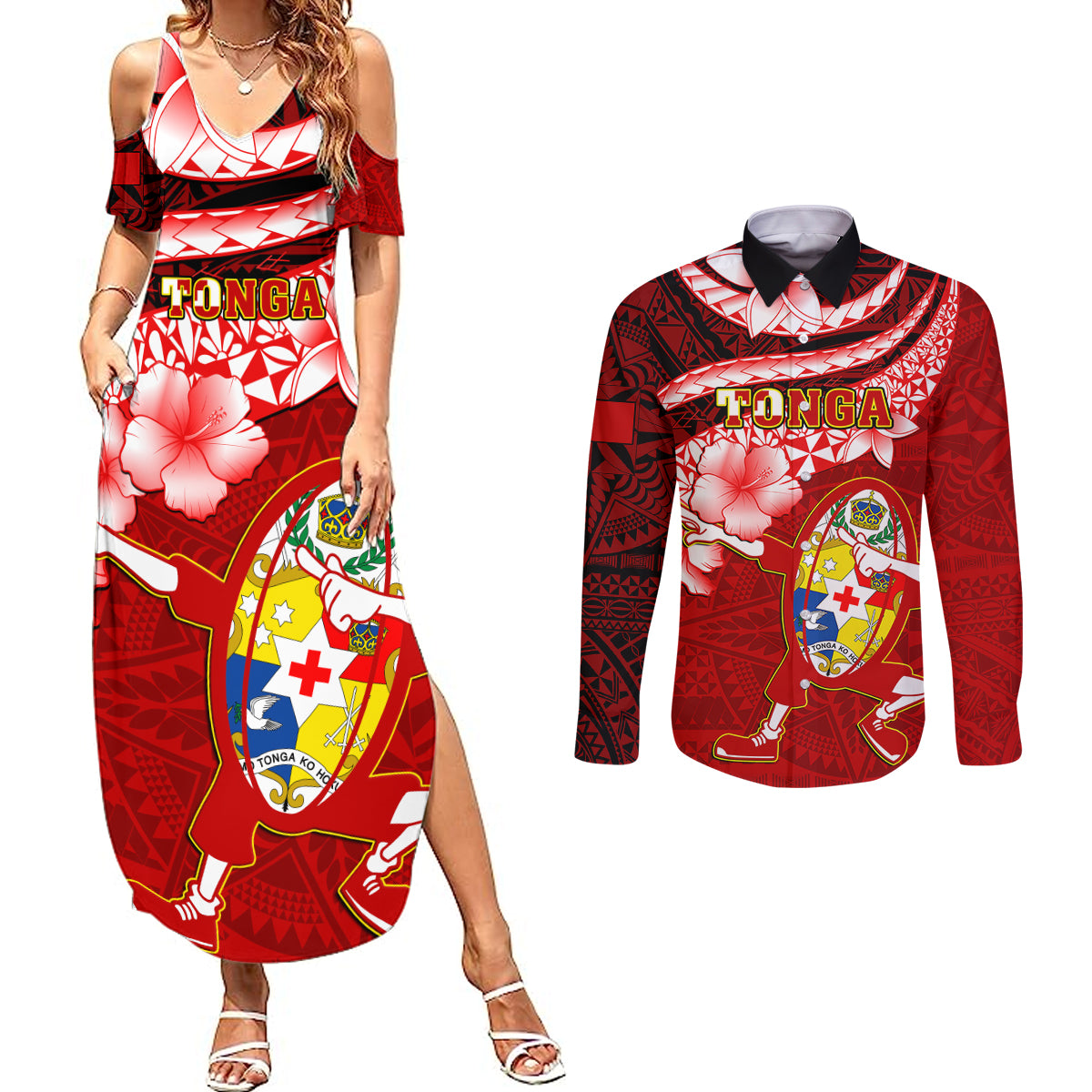 Tonga Rugby Couples Matching Summer Maxi Dress and Long Sleeve Button Shirts Ikale Tahi Tongan Ngatu Pattern With Dabbing Ball - Wonder Print Shop