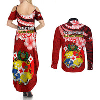 Tonga Rugby Couples Matching Summer Maxi Dress and Long Sleeve Button Shirts Ikale Tahi Tongan Ngatu Pattern With Dabbing Ball - Wonder Print Shop