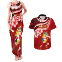 Tonga Rugby Couples Matching Tank Maxi Dress and Hawaiian Shirt Ikale Tahi Tongan Ngatu Pattern With Dabbing Ball - Wonder Print Shop