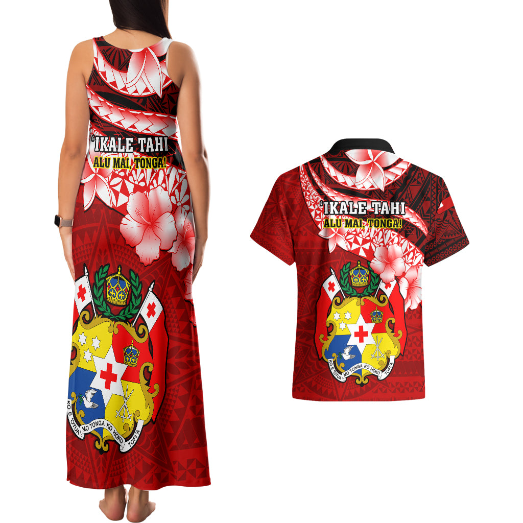 Tonga Rugby Couples Matching Tank Maxi Dress and Hawaiian Shirt Ikale Tahi Tongan Ngatu Pattern With Dabbing Ball - Wonder Print Shop