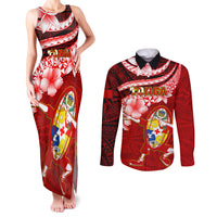 Tonga Rugby Couples Matching Tank Maxi Dress and Long Sleeve Button Shirts Ikale Tahi Tongan Ngatu Pattern With Dabbing Ball - Wonder Print Shop