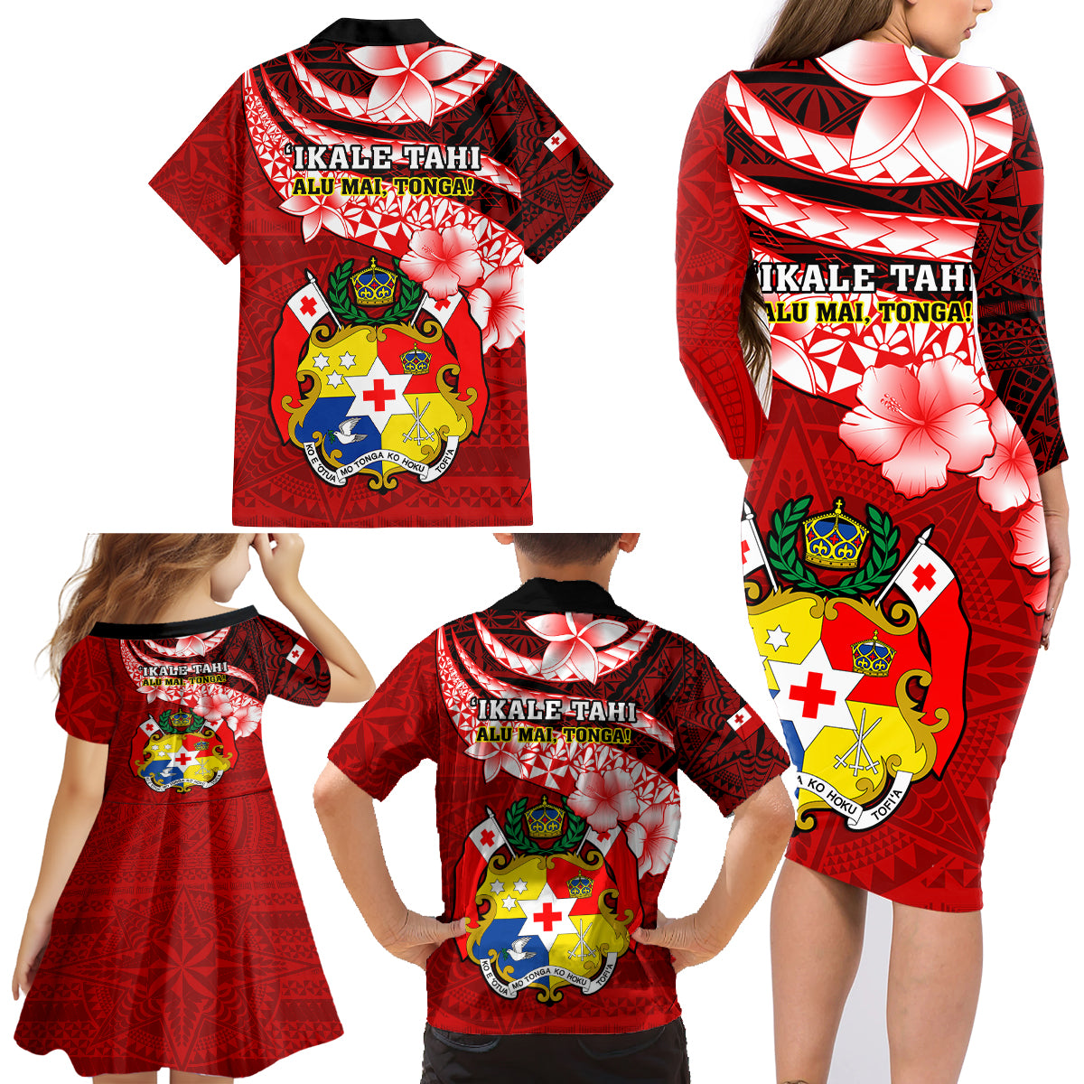 Tonga Rugby Family Matching Long Sleeve Bodycon Dress and Hawaiian Shirt Ikale Tahi Tongan Ngatu Pattern With Dabbing Ball - Wonder Print Shop