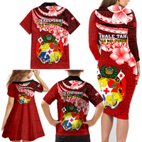 Tonga Rugby Family Matching Long Sleeve Bodycon Dress and Hawaiian Shirt Ikale Tahi Tongan Ngatu Pattern With Dabbing Ball - Wonder Print Shop