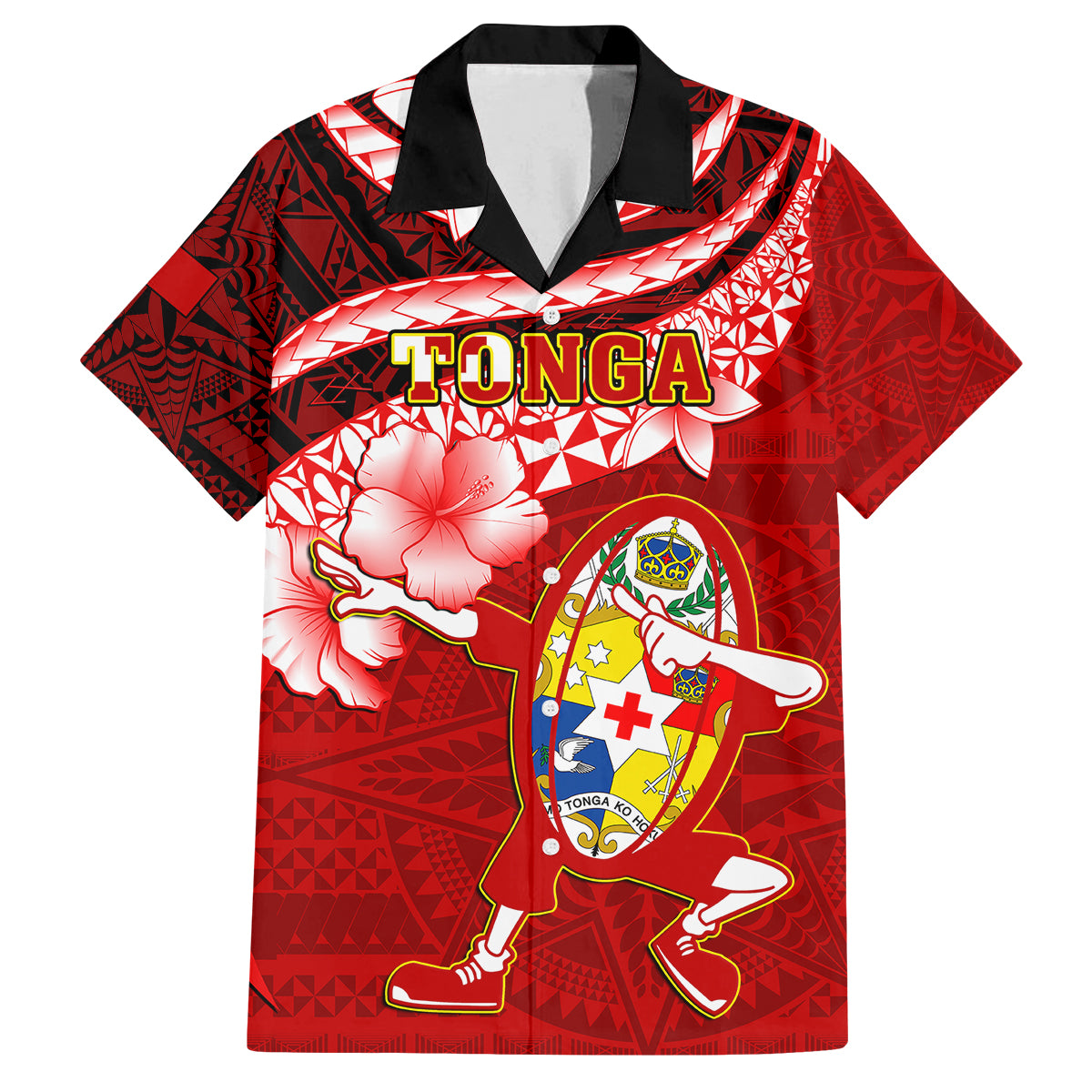 Tonga Rugby Family Matching Long Sleeve Bodycon Dress and Hawaiian Shirt Ikale Tahi Tongan Ngatu Pattern With Dabbing Ball - Wonder Print Shop