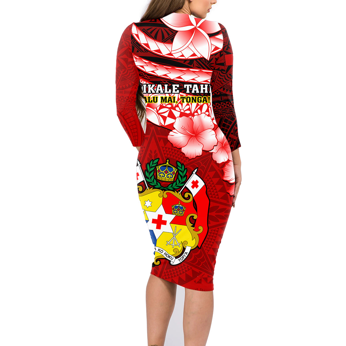 Tonga Rugby Family Matching Long Sleeve Bodycon Dress and Hawaiian Shirt Ikale Tahi Tongan Ngatu Pattern With Dabbing Ball - Wonder Print Shop