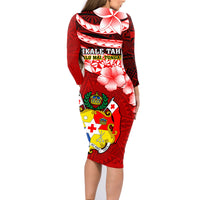 Tonga Rugby Family Matching Long Sleeve Bodycon Dress and Hawaiian Shirt Ikale Tahi Tongan Ngatu Pattern With Dabbing Ball - Wonder Print Shop