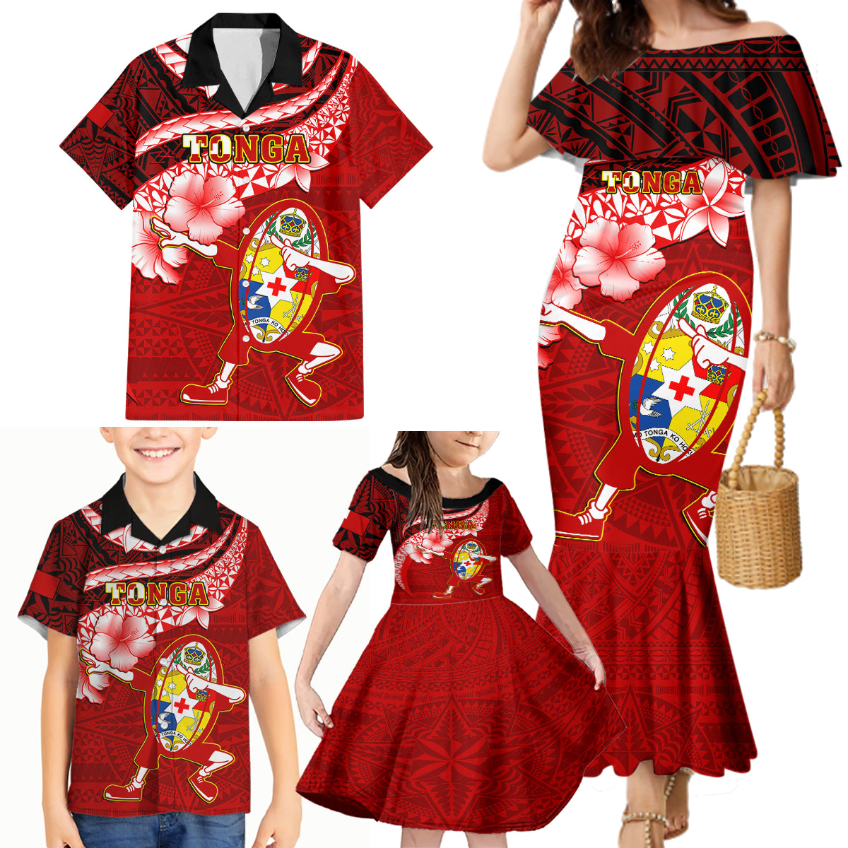 Tonga Rugby Family Matching Mermaid Dress and Hawaiian Shirt Ikale Tahi Tongan Ngatu Pattern With Dabbing Ball - Wonder Print Shop