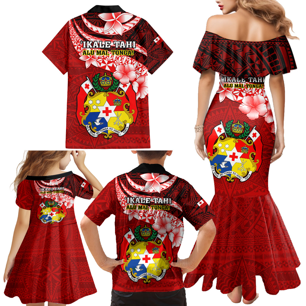 Tonga Rugby Family Matching Mermaid Dress and Hawaiian Shirt Ikale Tahi Tongan Ngatu Pattern With Dabbing Ball - Wonder Print Shop