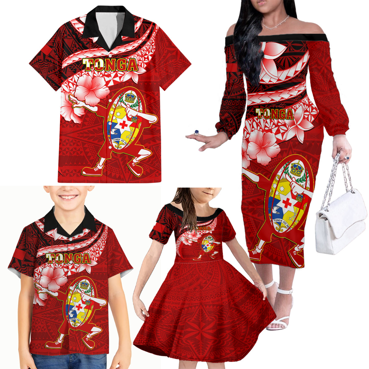 Tonga Rugby Family Matching Off Shoulder Long Sleeve Dress and Hawaiian Shirt Ikale Tahi Tongan Ngatu Pattern With Dabbing Ball - Wonder Print Shop