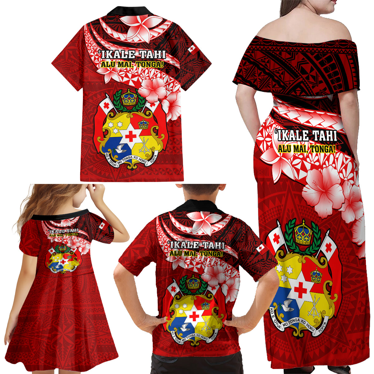 Tonga Rugby Family Matching Off Shoulder Long Sleeve Dress and Hawaiian Shirt Ikale Tahi Tongan Ngatu Pattern With Dabbing Ball - Wonder Print Shop