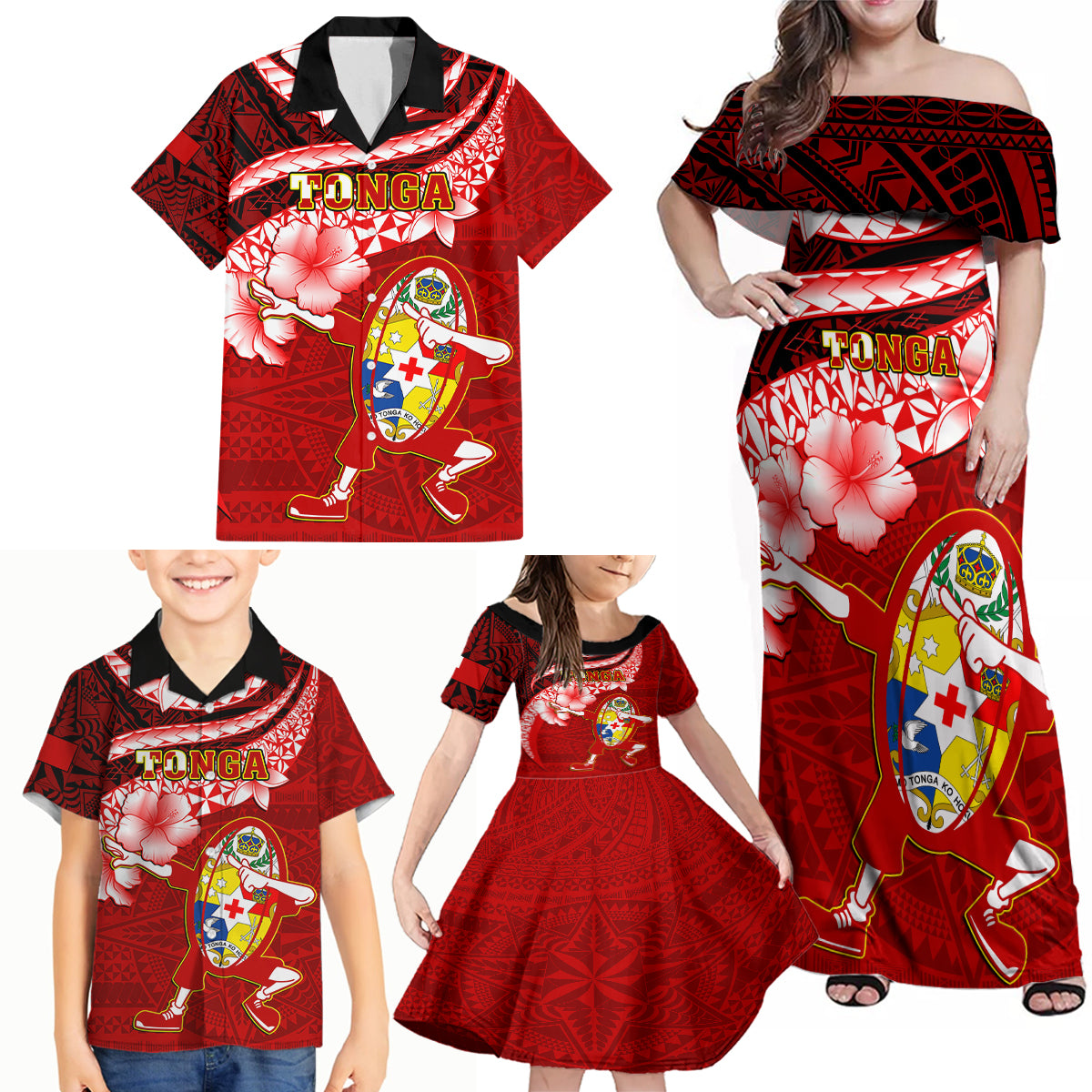 Tonga Rugby Family Matching Off Shoulder Maxi Dress and Hawaiian Shirt Ikale Tahi Tongan Ngatu Pattern With Dabbing Ball - Wonder Print Shop