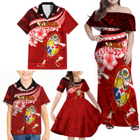 Tonga Rugby Family Matching Off Shoulder Maxi Dress and Hawaiian Shirt Ikale Tahi Tongan Ngatu Pattern With Dabbing Ball - Wonder Print Shop