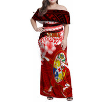 Tonga Rugby Family Matching Off Shoulder Maxi Dress and Hawaiian Shirt Ikale Tahi Tongan Ngatu Pattern With Dabbing Ball - Wonder Print Shop