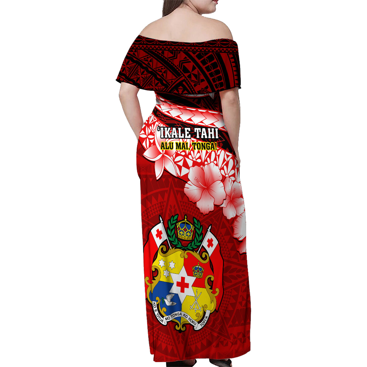 Tonga Rugby Family Matching Off Shoulder Maxi Dress and Hawaiian Shirt Ikale Tahi Tongan Ngatu Pattern With Dabbing Ball - Wonder Print Shop