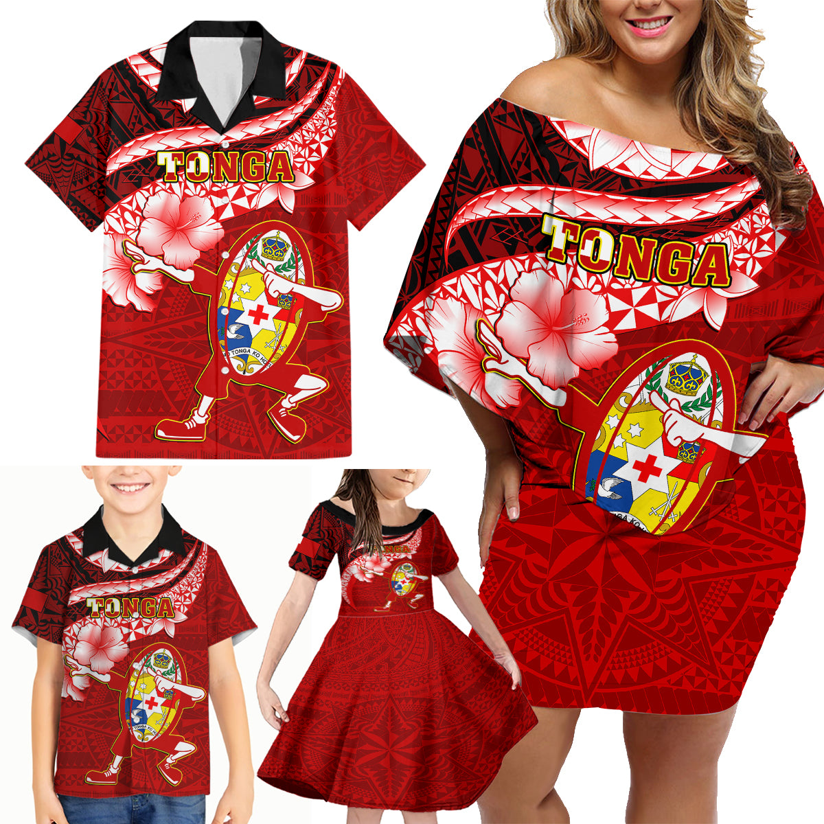 Tonga Rugby Family Matching Off Shoulder Short Dress and Hawaiian Shirt Ikale Tahi Tongan Ngatu Pattern With Dabbing Ball - Wonder Print Shop