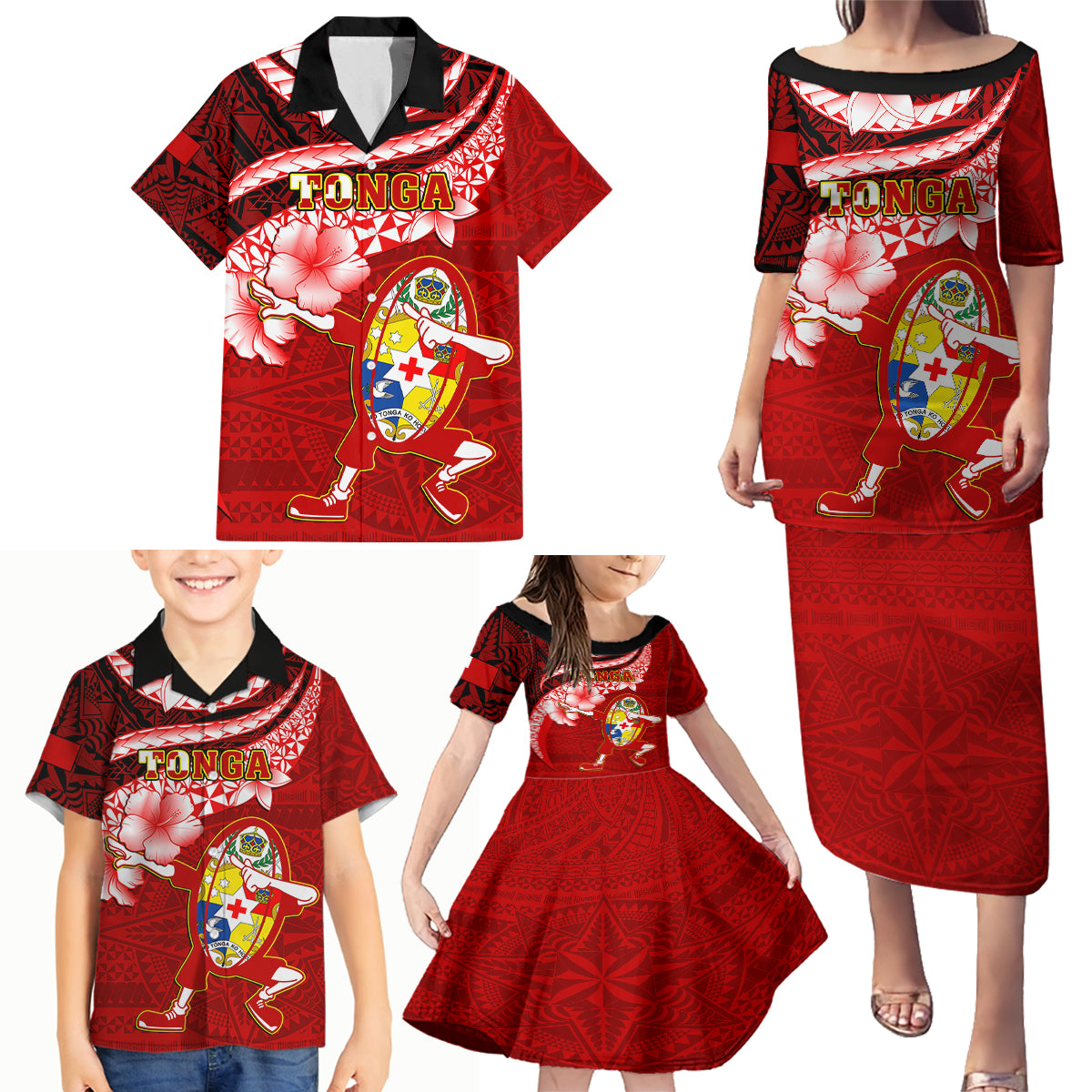 Tonga Rugby Family Matching Puletasi Dress and Hawaiian Shirt Ikale Tahi Tongan Ngatu Pattern With Dabbing Ball - Wonder Print Shop