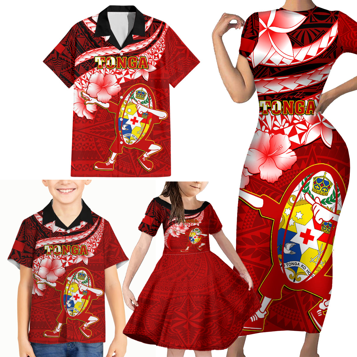 Tonga Rugby Family Matching Short Sleeve Bodycon Dress and Hawaiian Shirt Ikale Tahi Tongan Ngatu Pattern With Dabbing Ball - Wonder Print Shop