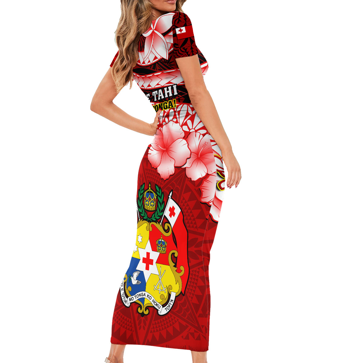 Tonga Rugby Family Matching Short Sleeve Bodycon Dress and Hawaiian Shirt Ikale Tahi Tongan Ngatu Pattern With Dabbing Ball - Wonder Print Shop