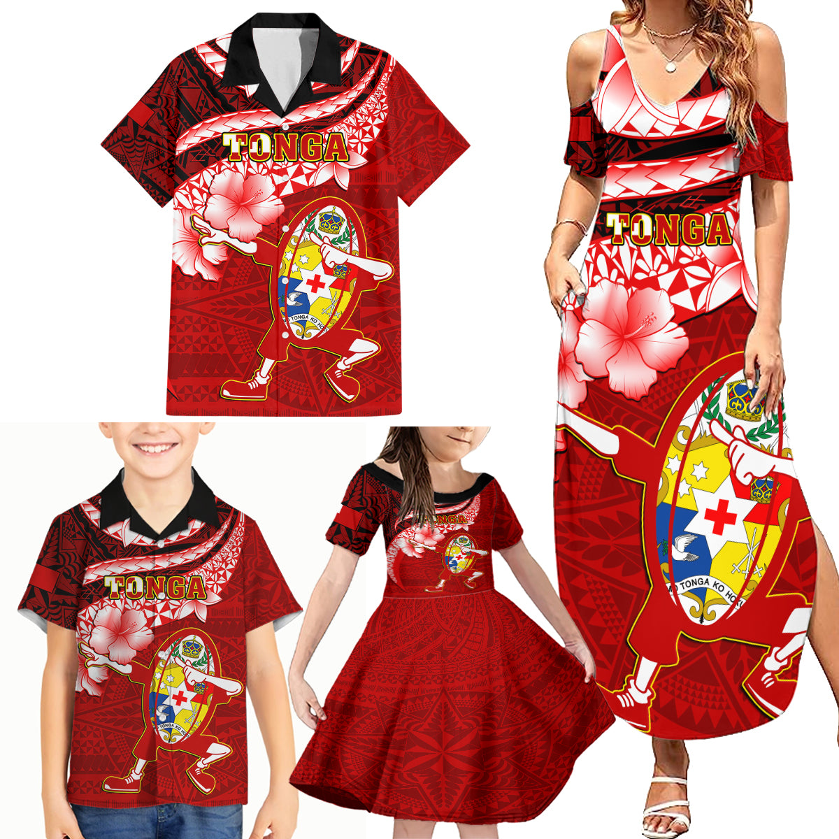 Tonga Rugby Family Matching Summer Maxi Dress and Hawaiian Shirt Ikale Tahi Tongan Ngatu Pattern With Dabbing Ball - Wonder Print Shop