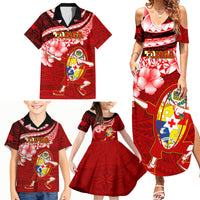 Tonga Rugby Family Matching Summer Maxi Dress and Hawaiian Shirt Ikale Tahi Tongan Ngatu Pattern With Dabbing Ball - Wonder Print Shop