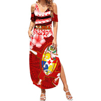 Tonga Rugby Family Matching Summer Maxi Dress and Hawaiian Shirt Ikale Tahi Tongan Ngatu Pattern With Dabbing Ball - Wonder Print Shop