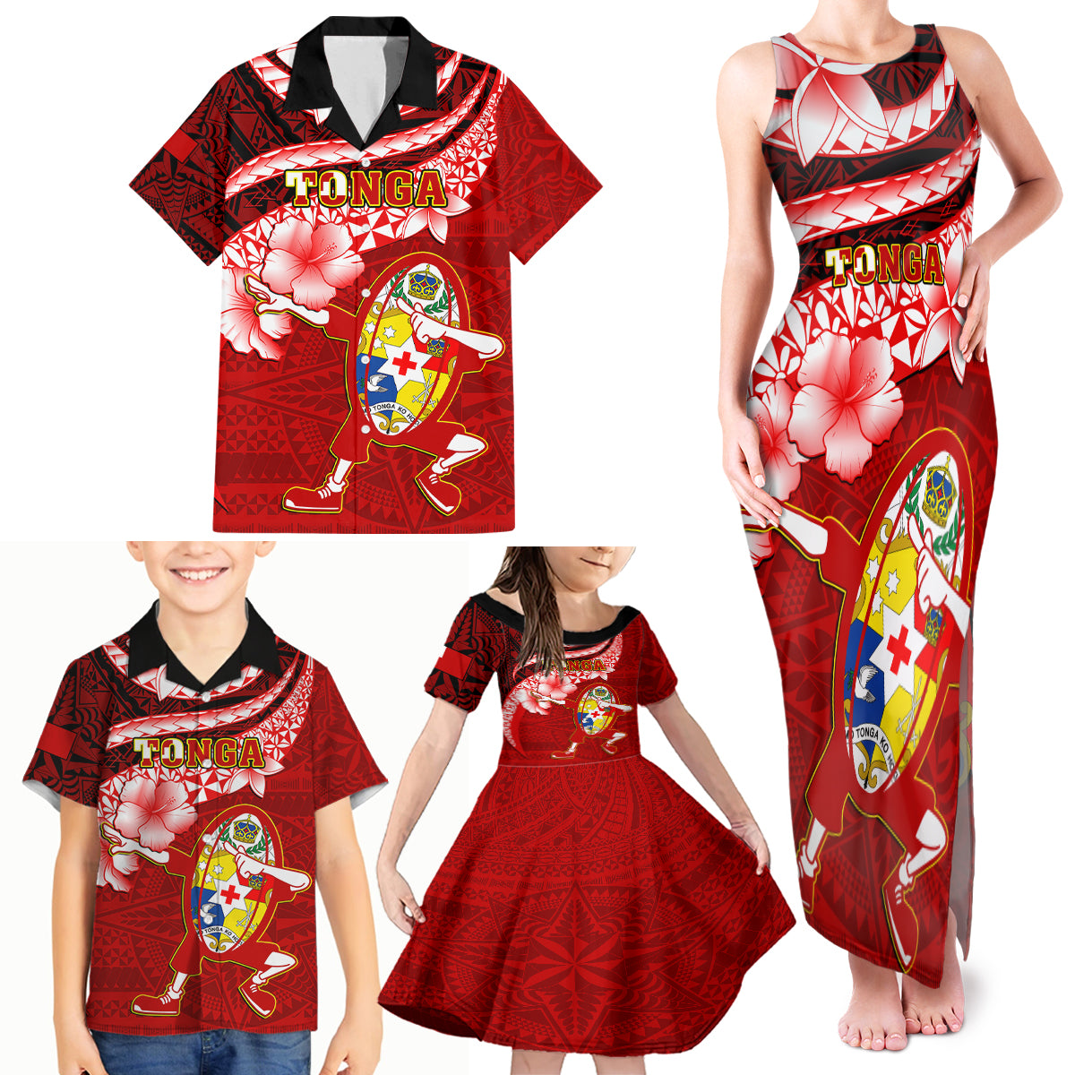 Tonga Rugby Family Matching Tank Maxi Dress and Hawaiian Shirt Ikale Tahi Tongan Ngatu Pattern With Dabbing Ball - Wonder Print Shop