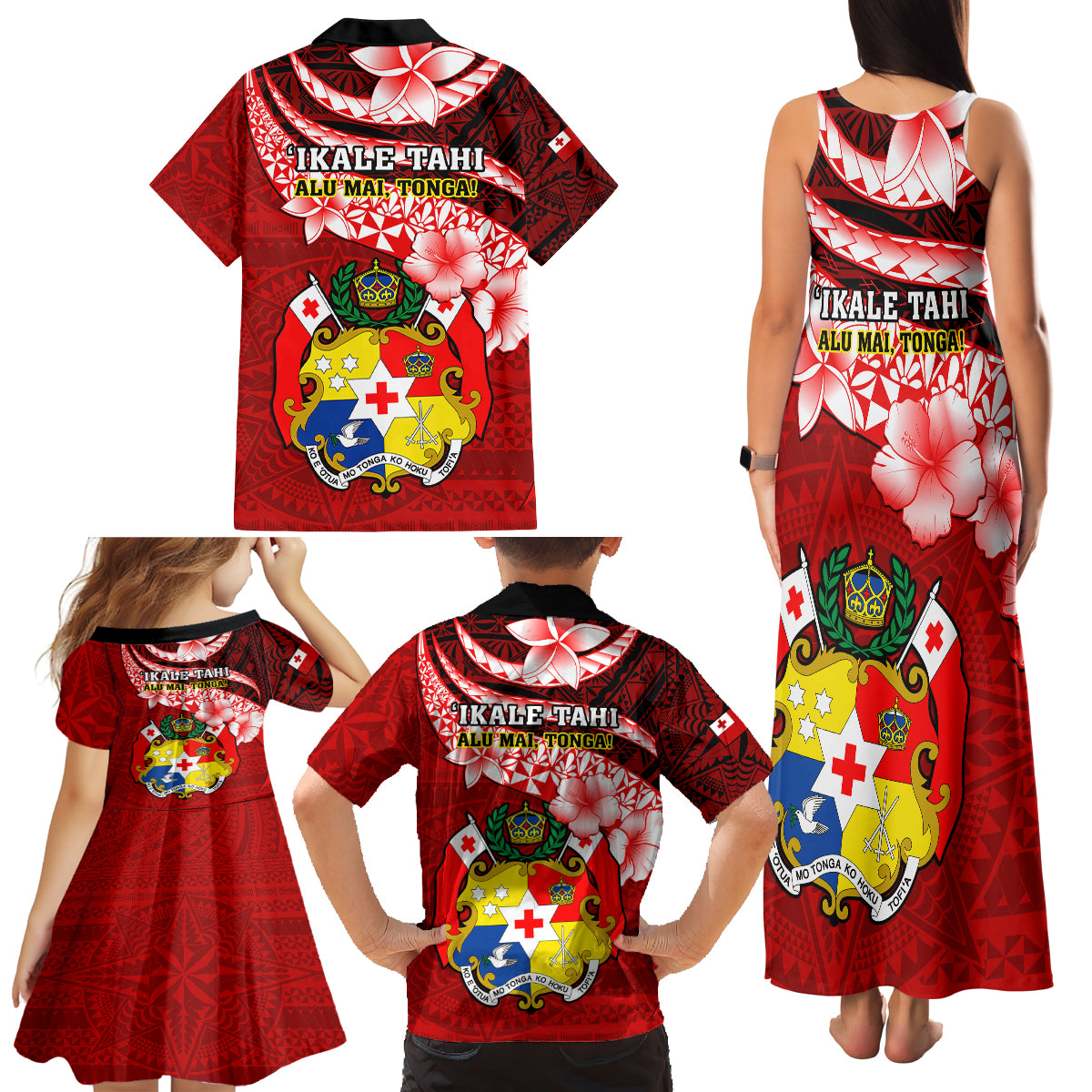 Tonga Rugby Family Matching Tank Maxi Dress and Hawaiian Shirt Ikale Tahi Tongan Ngatu Pattern With Dabbing Ball - Wonder Print Shop