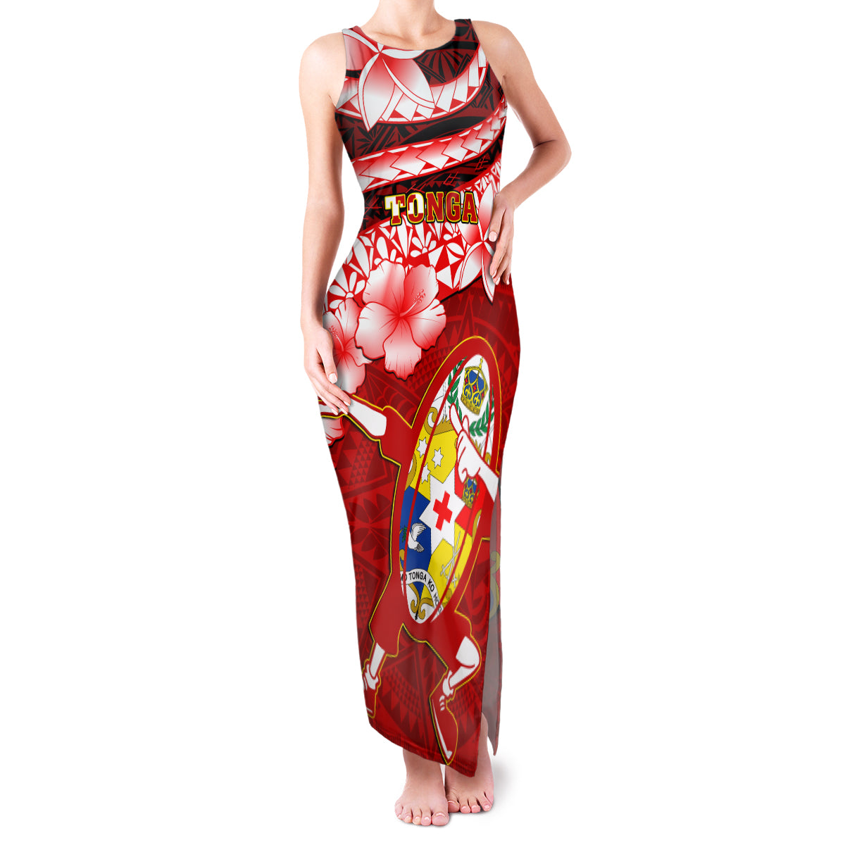 Tonga Rugby Family Matching Tank Maxi Dress and Hawaiian Shirt Ikale Tahi Tongan Ngatu Pattern With Dabbing Ball - Wonder Print Shop