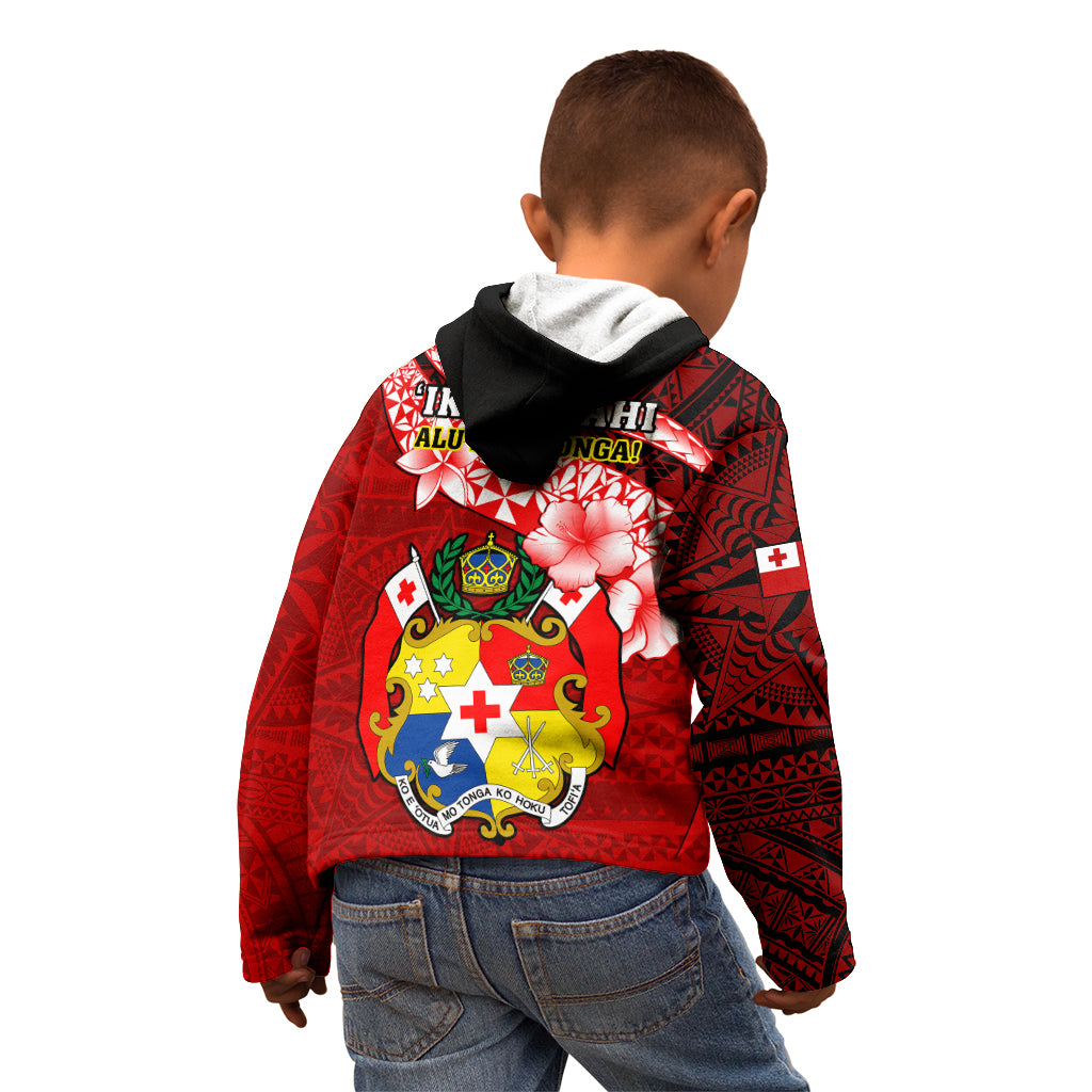 Tonga Rugby Kid Hoodie Ikale Tahi Tongan Ngatu Pattern With Dabbing Ball - Wonder Print Shop