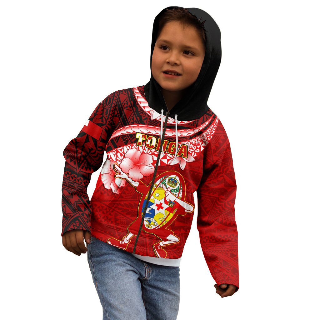 Tonga Rugby Kid Hoodie Ikale Tahi Tongan Ngatu Pattern With Dabbing Ball - Wonder Print Shop