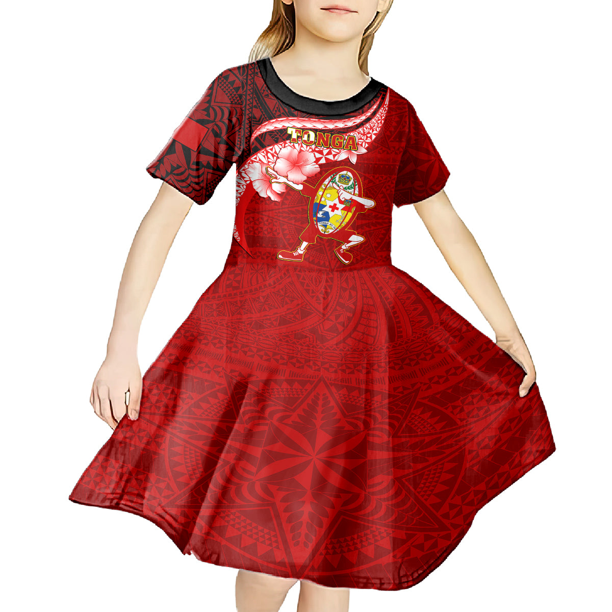 Tonga Rugby Kid Short Sleeve Dress Ikale Tahi Tongan Ngatu Pattern With Dabbing Ball - Wonder Print Shop