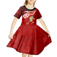 Tonga Rugby Kid Short Sleeve Dress Ikale Tahi Tongan Ngatu Pattern With Dabbing Ball - Wonder Print Shop