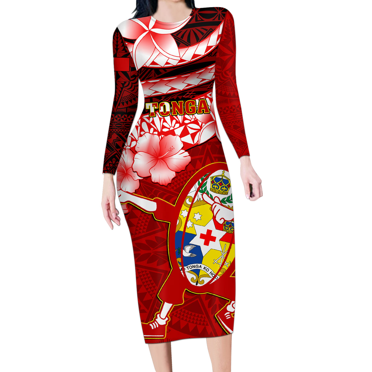 Tonga Rugby Long Sleeve Bodycon Dress Ikale Tahi Tongan Ngatu Pattern With Dabbing Ball - Wonder Print Shop