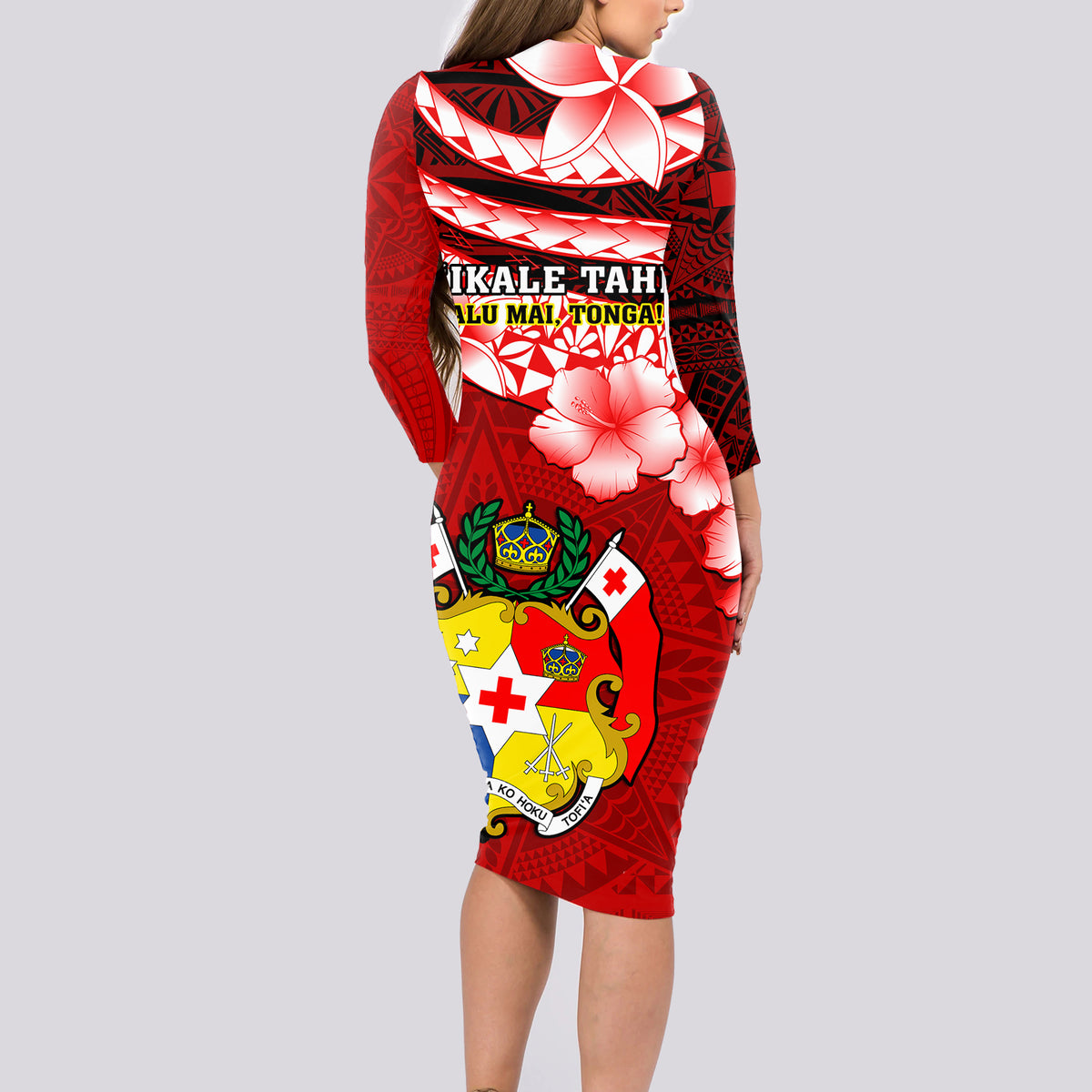 Tonga Rugby Long Sleeve Bodycon Dress Ikale Tahi Tongan Ngatu Pattern With Dabbing Ball - Wonder Print Shop