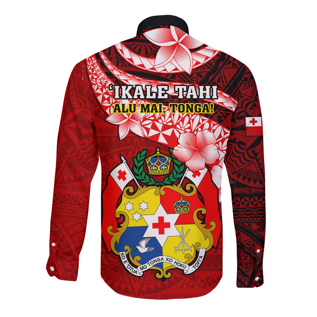 Tonga Rugby Long Sleeve Button Shirt Ikale Tahi Tongan Ngatu Pattern With Dabbing Ball - Wonder Print Shop