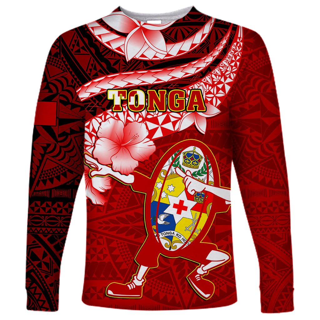 Tonga Rugby Long Sleeve Shirt Ikale Tahi Tongan Ngatu Pattern With Dabbing Ball - Wonder Print Shop