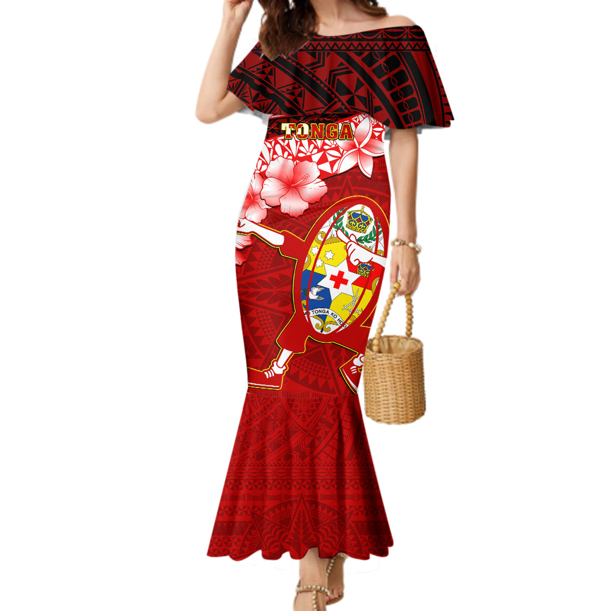 Tonga Rugby Mermaid Dress Ikale Tahi Tongan Ngatu Pattern With Dabbing Ball - Wonder Print Shop