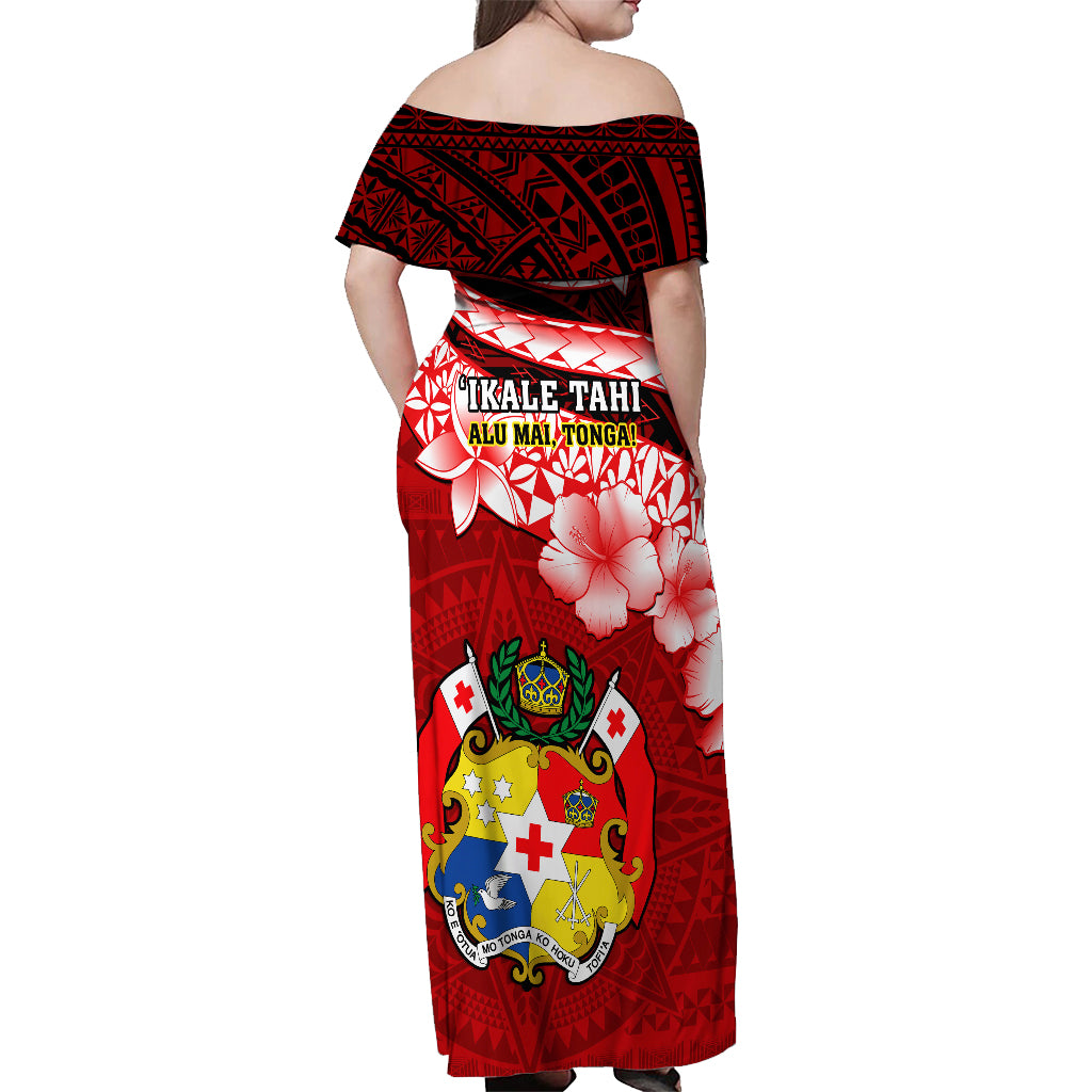 Tonga Rugby Off Shoulder Maxi Dress Ikale Tahi Tongan Ngatu Pattern With Dabbing Ball - Wonder Print Shop